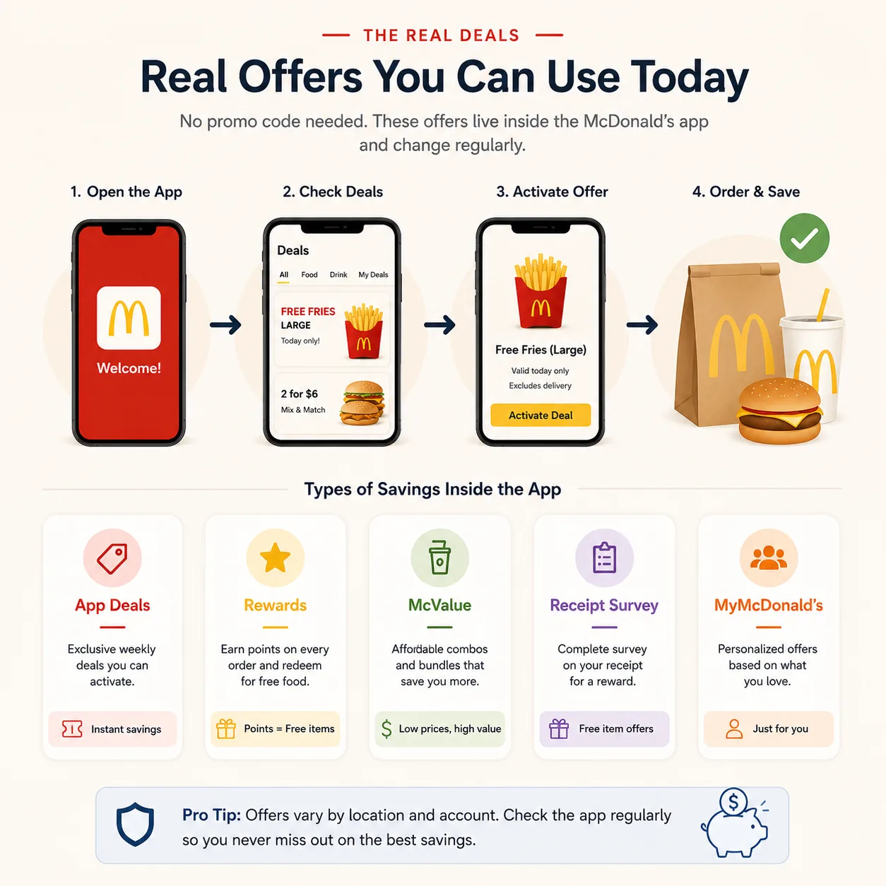 How the McDonald's app savings ecosystem works using Deals, Rewards, and McValue.